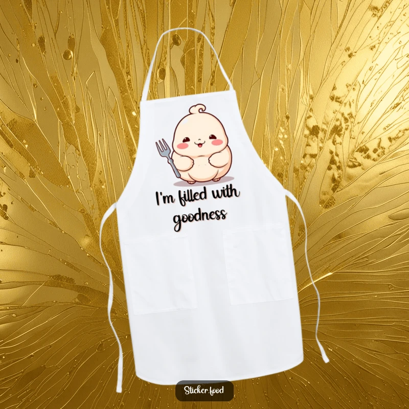 Funny dumpling apron shows a proud dumpling with rosy cheeks holding a tiny fork, ready to cook up a storm.