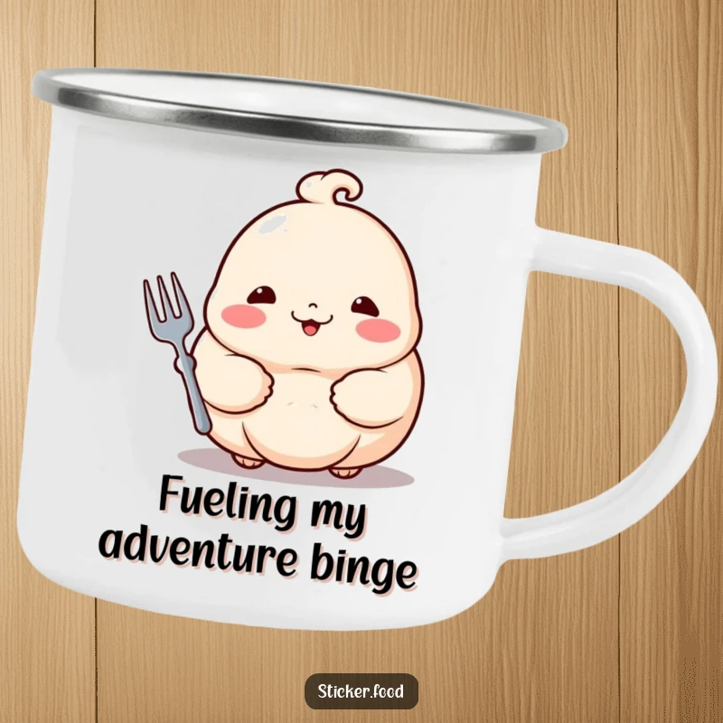 Funny dumpling camping mug featuring a proud dumpling with rosy cheeks holding a tiny fork, ready for outdoor fun.