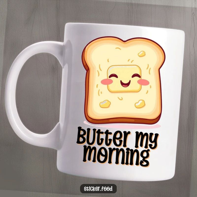 Funny slice of toast with butter mug, wiggling with glee, spreading breakfast humor and joy. Perfect funny gift.