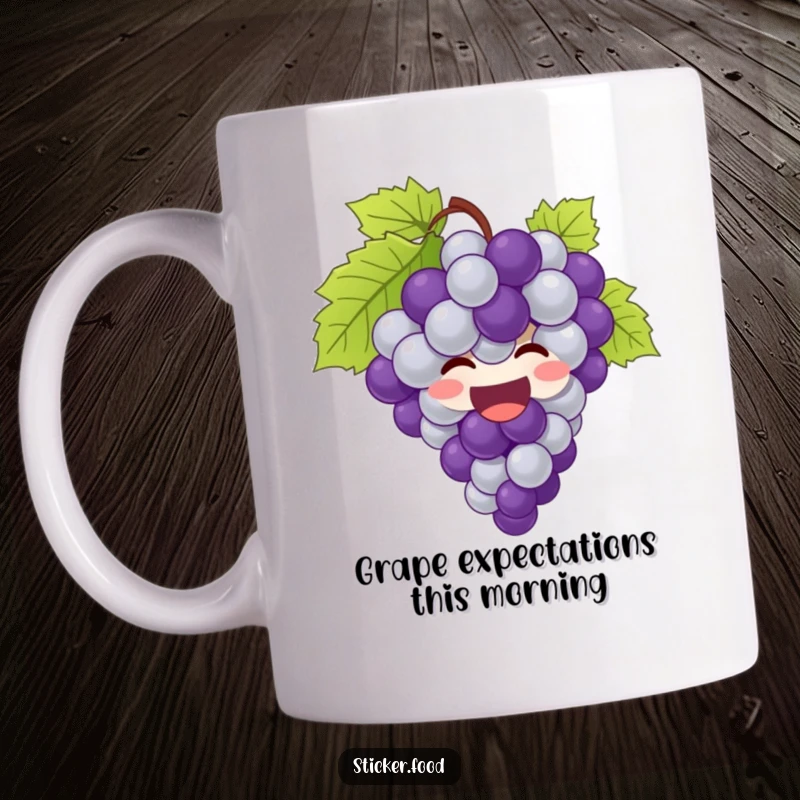 Funny bunch of grapes mug featuring giggling grapes bursting with joy, perfect for a happy morning beverage.