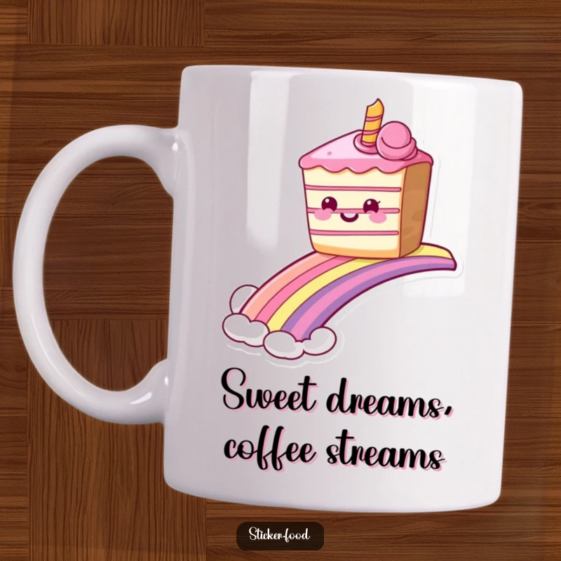 Funny grinning cake mug sliding down a rainbow, spreading sweetness and pure joy. Perfect funny gift.