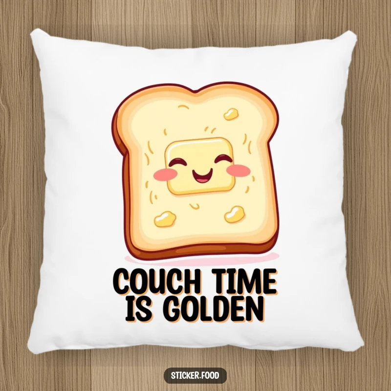 Soft funny toast and butter pillow, wiggling with glee, providing comfort and playful breakfast humor. Ideal funny gift.