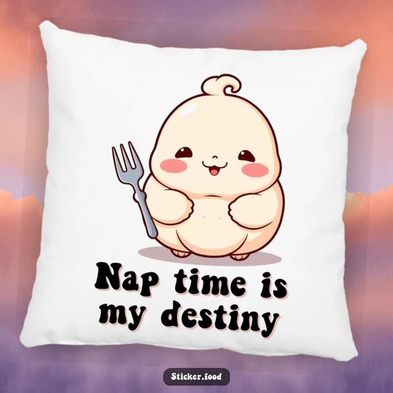 Funny dumpling pillow featuring a proud dumpling with rosy cheeks holding a tiny fork, perfect for adding humor to relaxation.