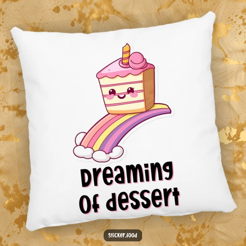 Soft funny grinning cake pillow sliding down a rainbow, providing comfort and sweet, whimsical humor. Ideal funny gift.