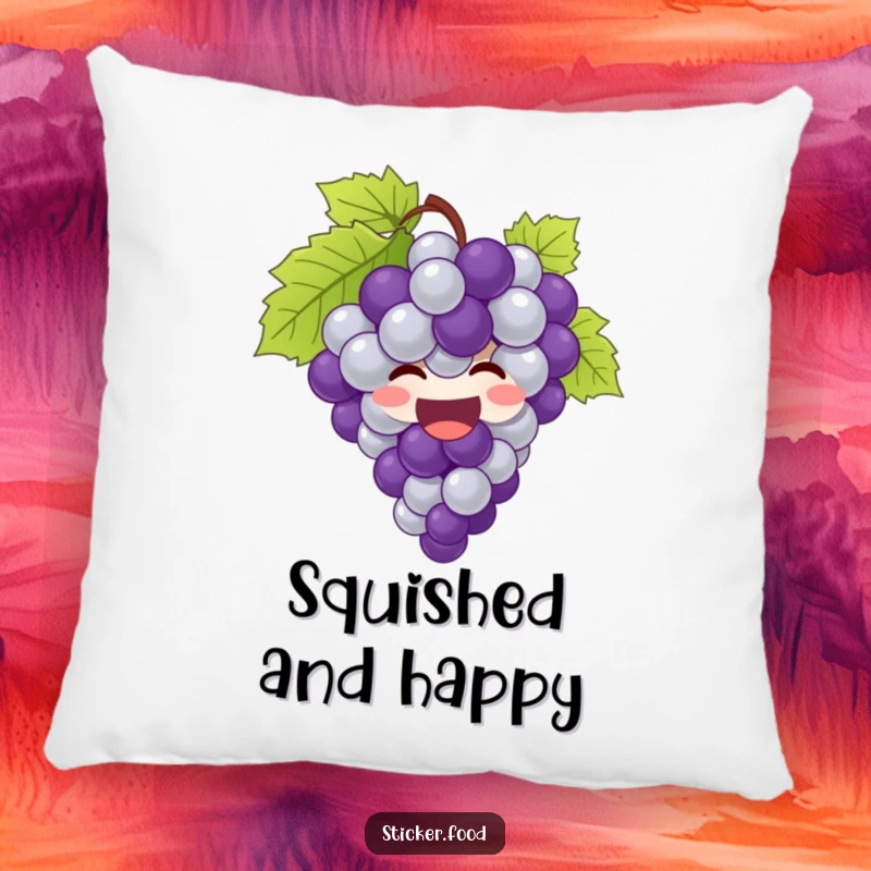 Funny grapes pillow featuring a giggling bunch of grapes bursting with joy, bringing comfort and cheer.