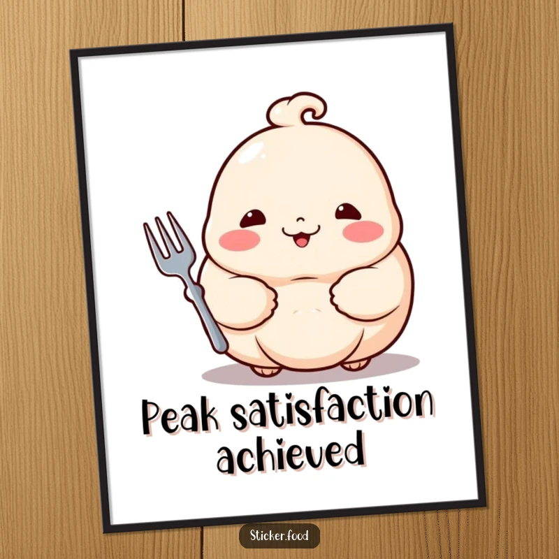 Funny dumpling digital art print of a proud dumpling with rosy cheeks holding a tiny fork, for instant wall decor.
