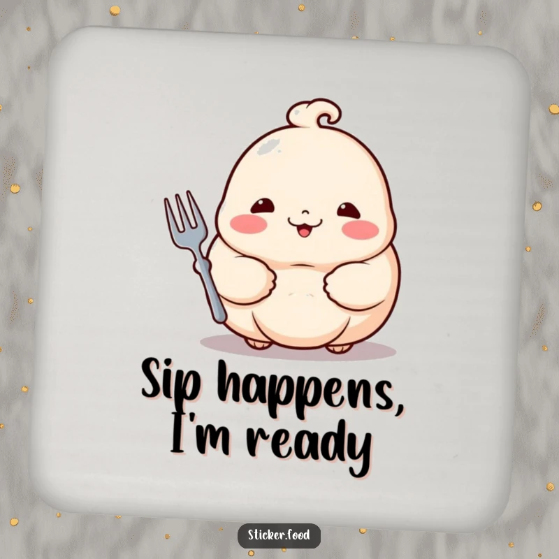 Funny dumpling coaster with a proud dumpling holding a tiny fork, protecting surfaces with a smile.