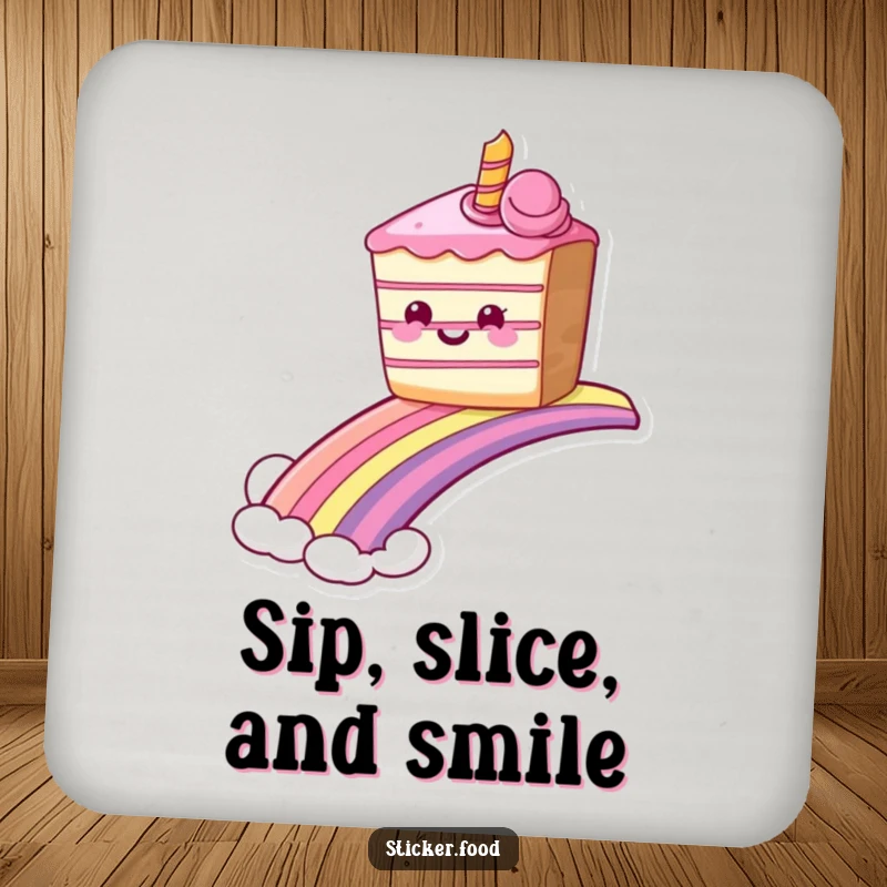 Set of funny grinning cake coasters sliding down a rainbow, protecting surfaces with sweet, magical humor. Ideal funny gift.