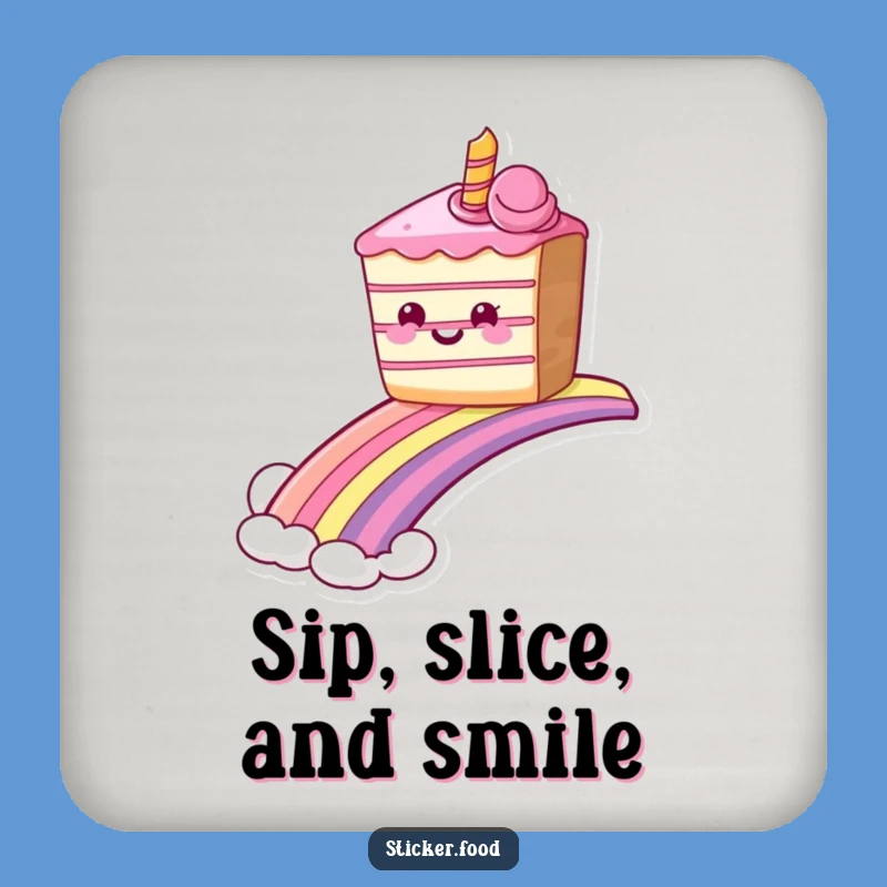 Set of Funny Grinning Cake Rainbow Coasters, Sweet Ride Drink Humor Gift