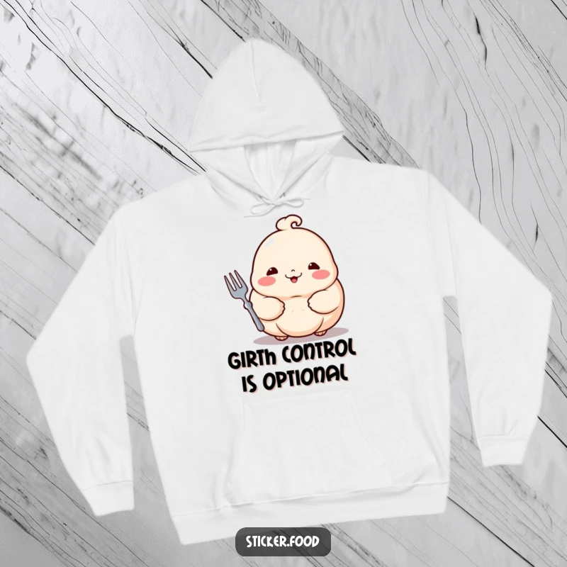 Funny dumpling hoodie featuring a proud, rosy-cheeked dumpling holding a tiny fork, perfect for cozying up with a smile.