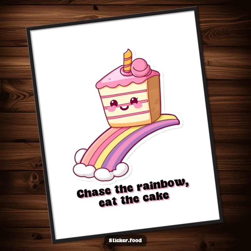 Funny Free Printable Wall Art: A grinning piece of cake joyfully sliding down a vibrant rainbow, creating sweet, colorful decor.