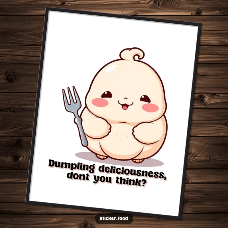 Funny Free Printable Wall Art: A proud dumpling with rosy cheeks holds a tiny fork, looking hilariously pleased with itself.