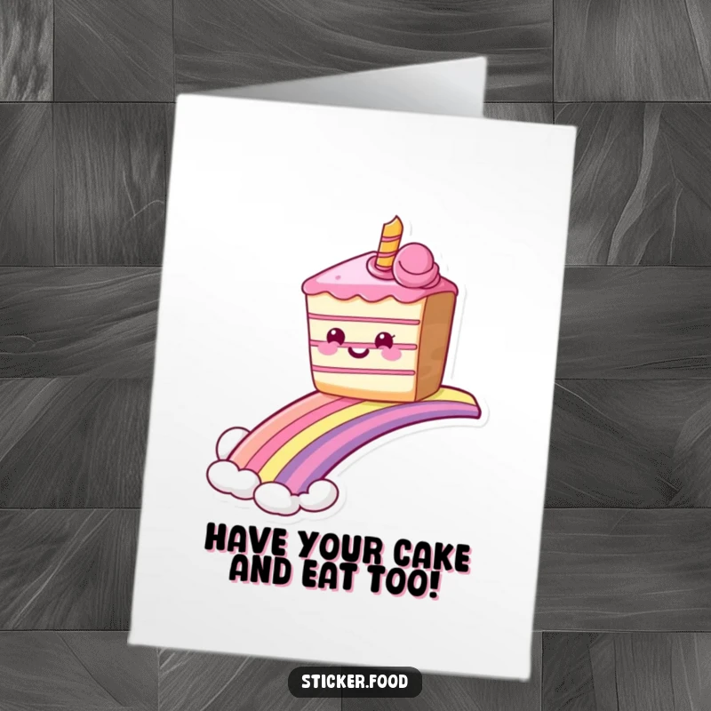 Funny Free Printable Birthday Card: A grinning slice of cake gleefully sliding down a bright rainbow, embodying birthday bliss.