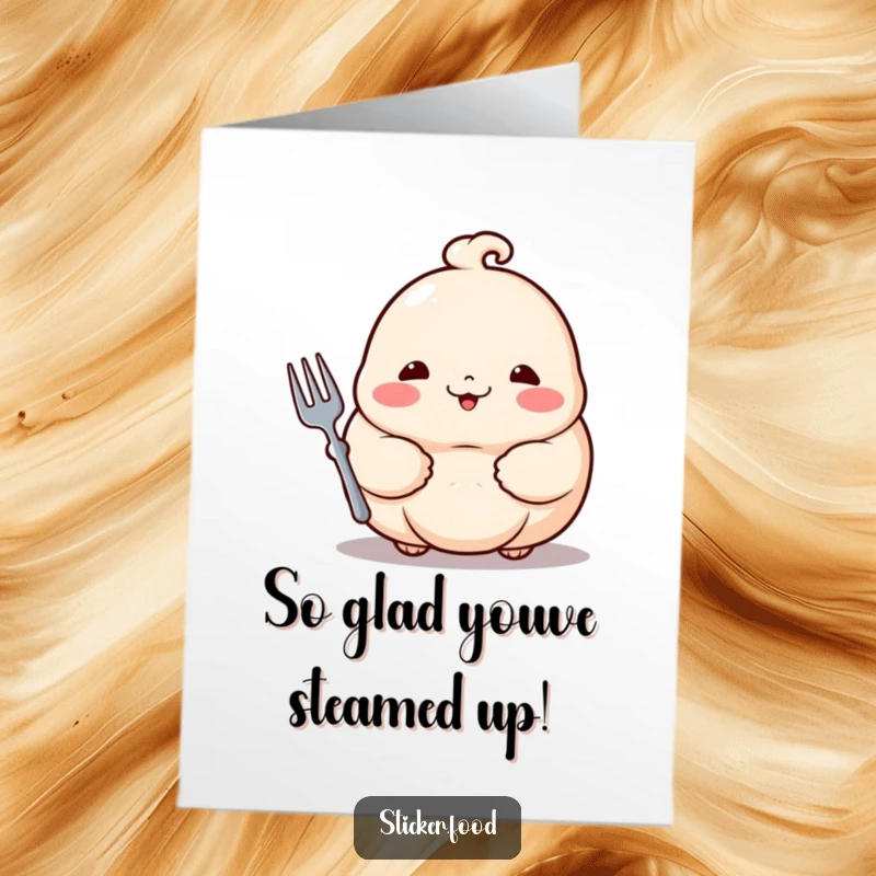 Funny Free Printable Birthday Card featuring a proud dumpling with rosy cheeks gleefully holding a small fork, ready to celebrate.