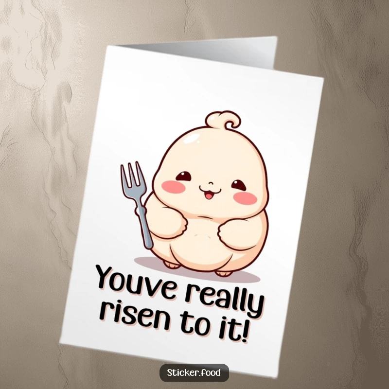 Funny Free Printable Congratulations Card: A proud dumpling with rosy cheeks triumphantly holds a tiny fork, celebrating an achievement.