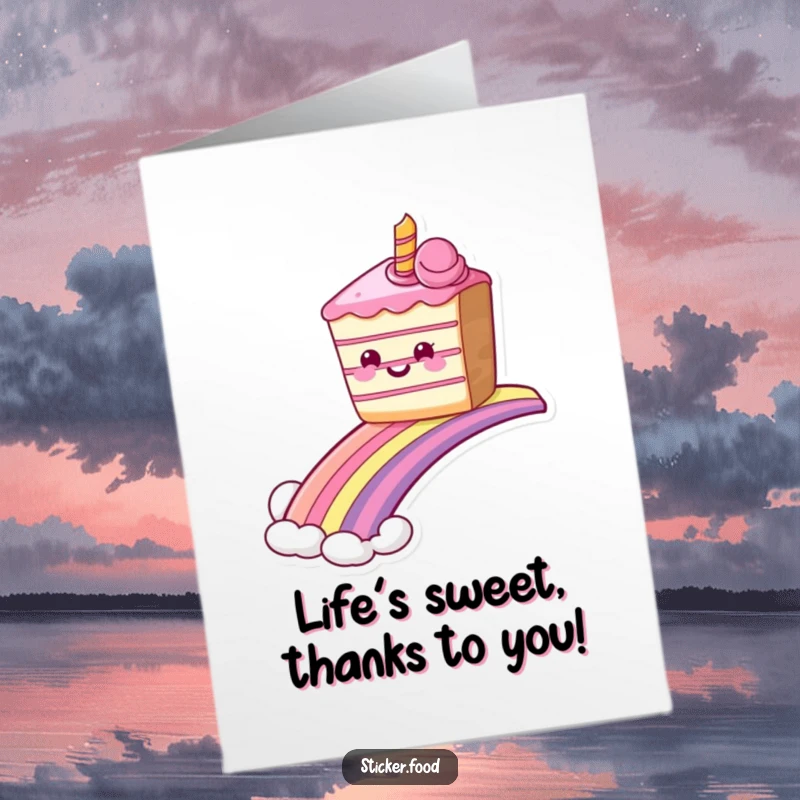 Funny Free Printable Thank You Card: A grinning cake sliding down a rainbow, conveying thanks with sweet, colorful joy.