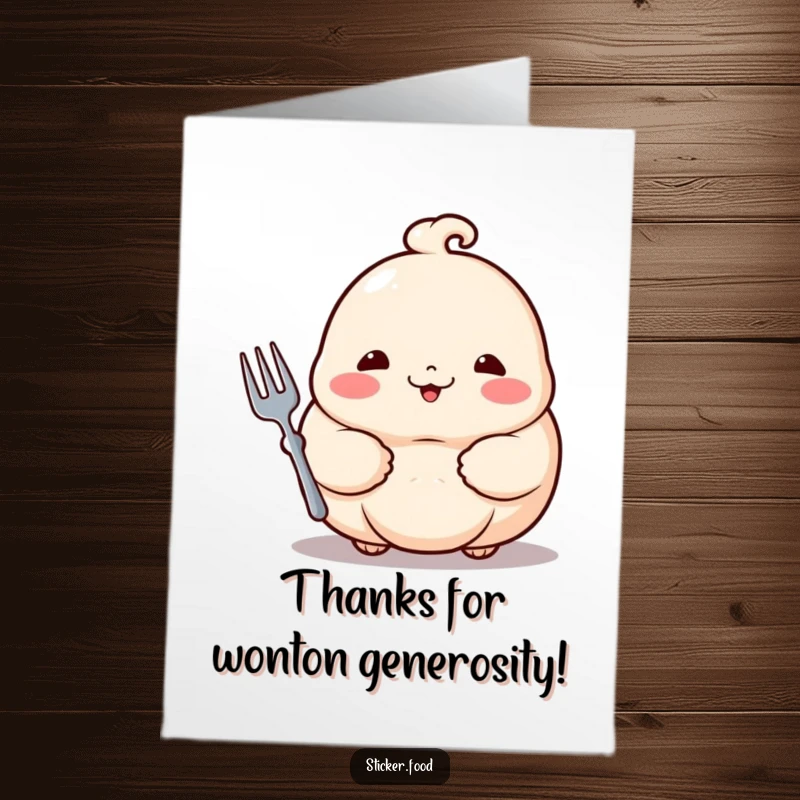 Funny Free Printable Thank You Card: A proud dumpling with rosy cheeks offers a tiny fork gesture of thanks, making it charming.
