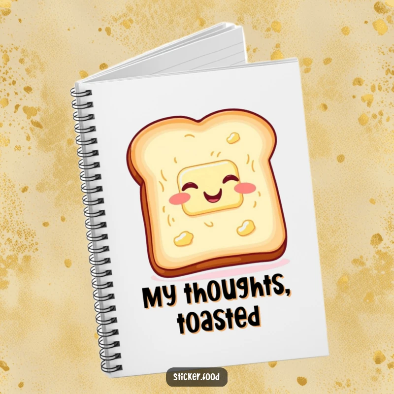 Funny toast and butter notebook, wiggling with glee, ideal for journaling with breakfast and humor. Ideal funny gift.