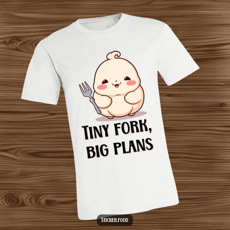 Funny dumpling t-shirt shows a proud dumpling with rosy cheeks happily holding a tiny fork, ready for a snack.